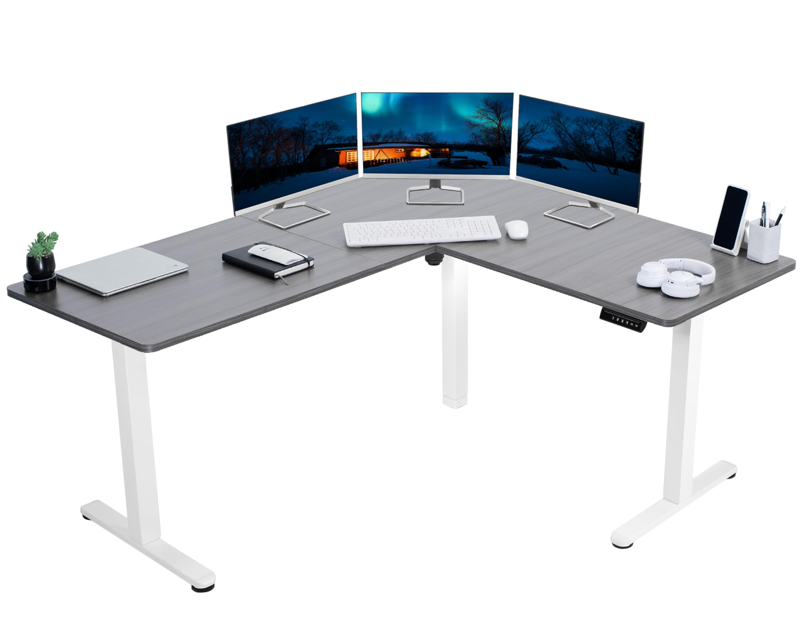 VIVO Electric Corner 63 x 55 inch L-Shaped Standing Desk, Memory Height Adjustment, Dark Gray Top White Frame, DESK-E3CTWG