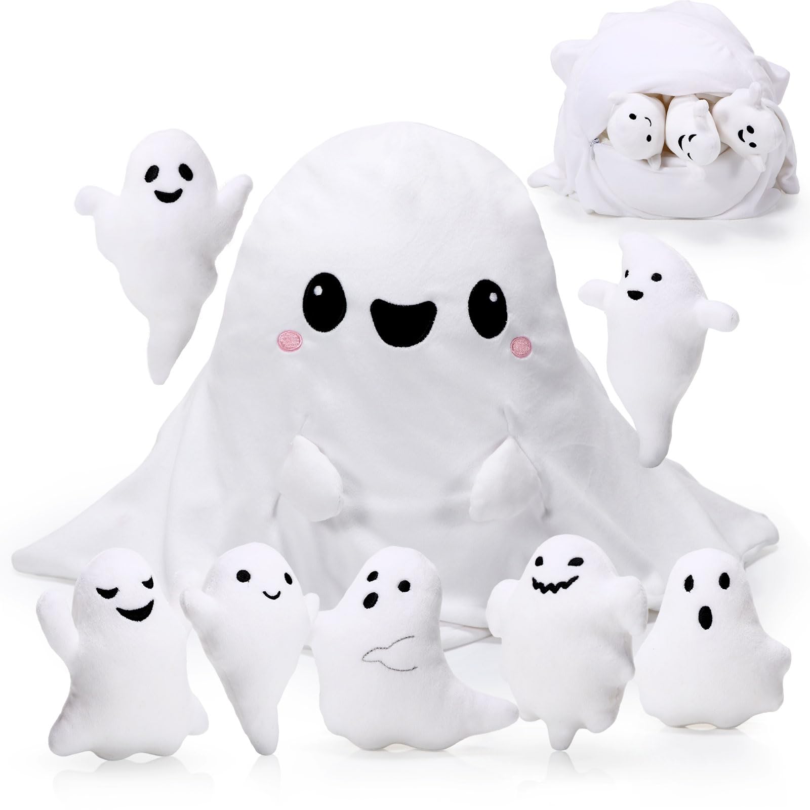 Liliful 16 Inch Halloween Ghost Plush Toy Sets Ghost Stuffed Animal Mommy Pillow with 7 Cute Plush Babies Soft Funny White Plush