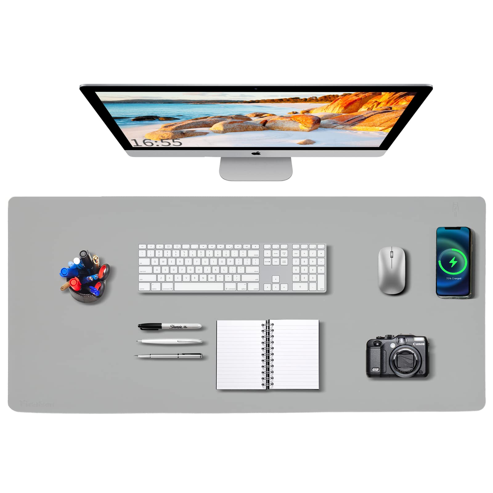 Mouse Pad With Wireless Charging Desk Mat With Wireless Charger Desk Pad Large 32X16 Waterproof Grey Leather Computer Mat Mousep