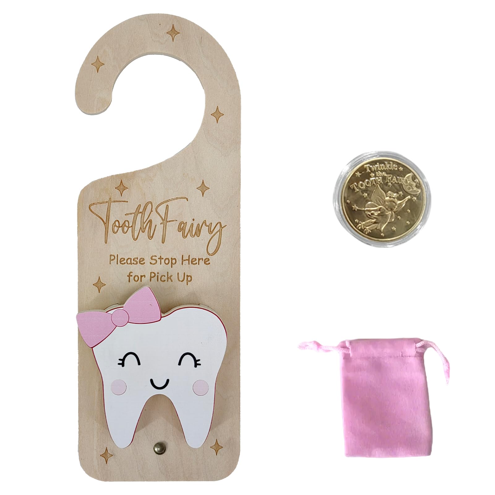 PAMBO Tooth Fairy Door Hanger, Wooden Tooth Fairy Money Holder with Tooth Coins for Lost Tooth Girls Kids Gifts