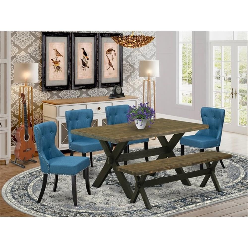 East West Furniture X676Si121-6 6 Piece Dining Table Set Contains A Rectangle Wooden Table With X-Legs And 4 Blue Linen Fabric Upholstered Chairs With A Bench, 36X60 Inch, Multi-Color