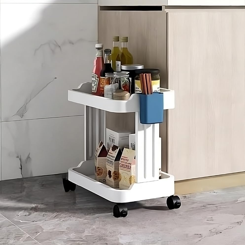 Klive 2 Layer Kitchen Folding Storage Organizer Rack Shelf With Wheels Kitchen, Bathroom Pantry Storage Trolley Rack Holder Shel