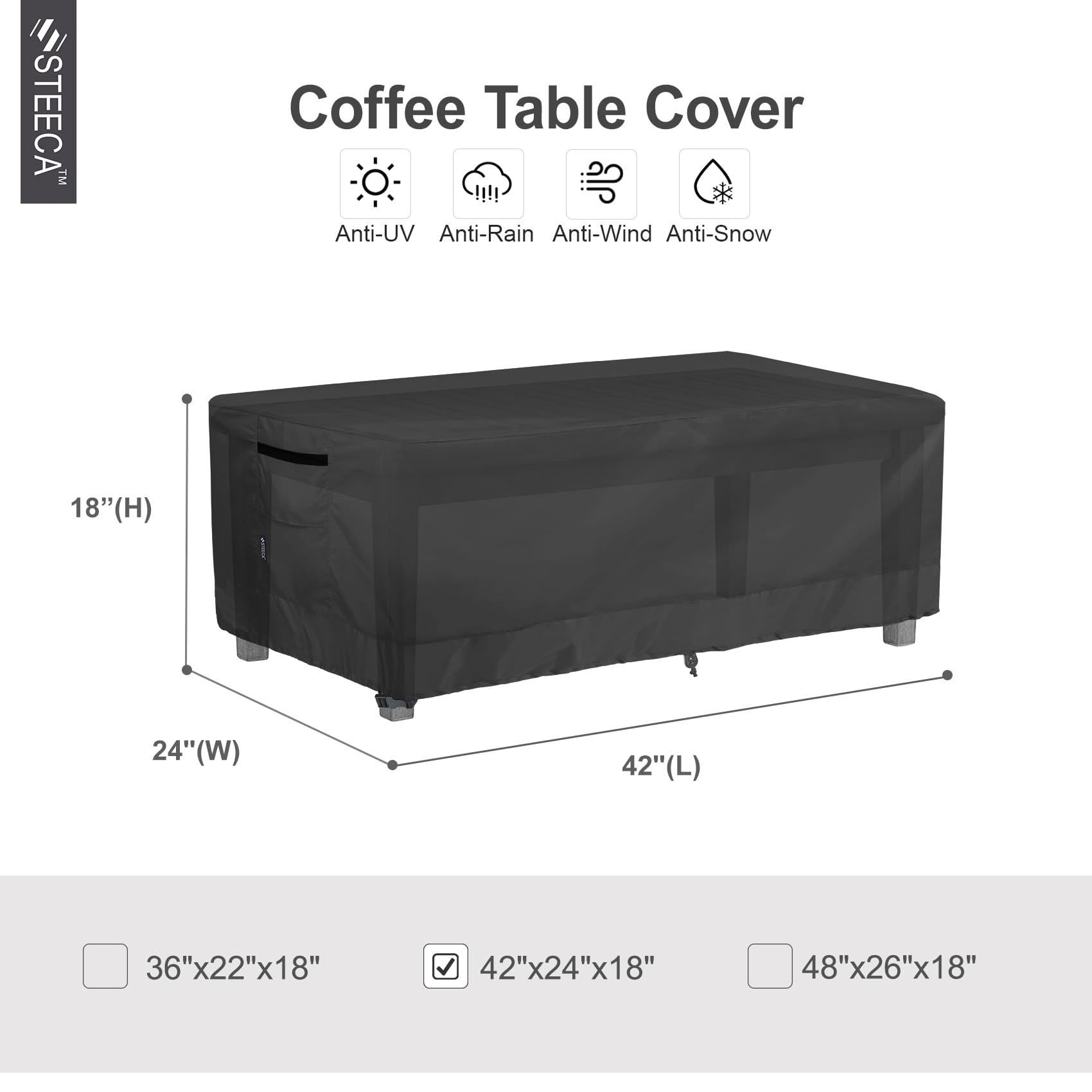 Steeca Patio Coffee Table Cover, Waterproof Rectangular Small Side Table Cover For Outdoor Furniture 42L X 24W X 18H Inch, Black