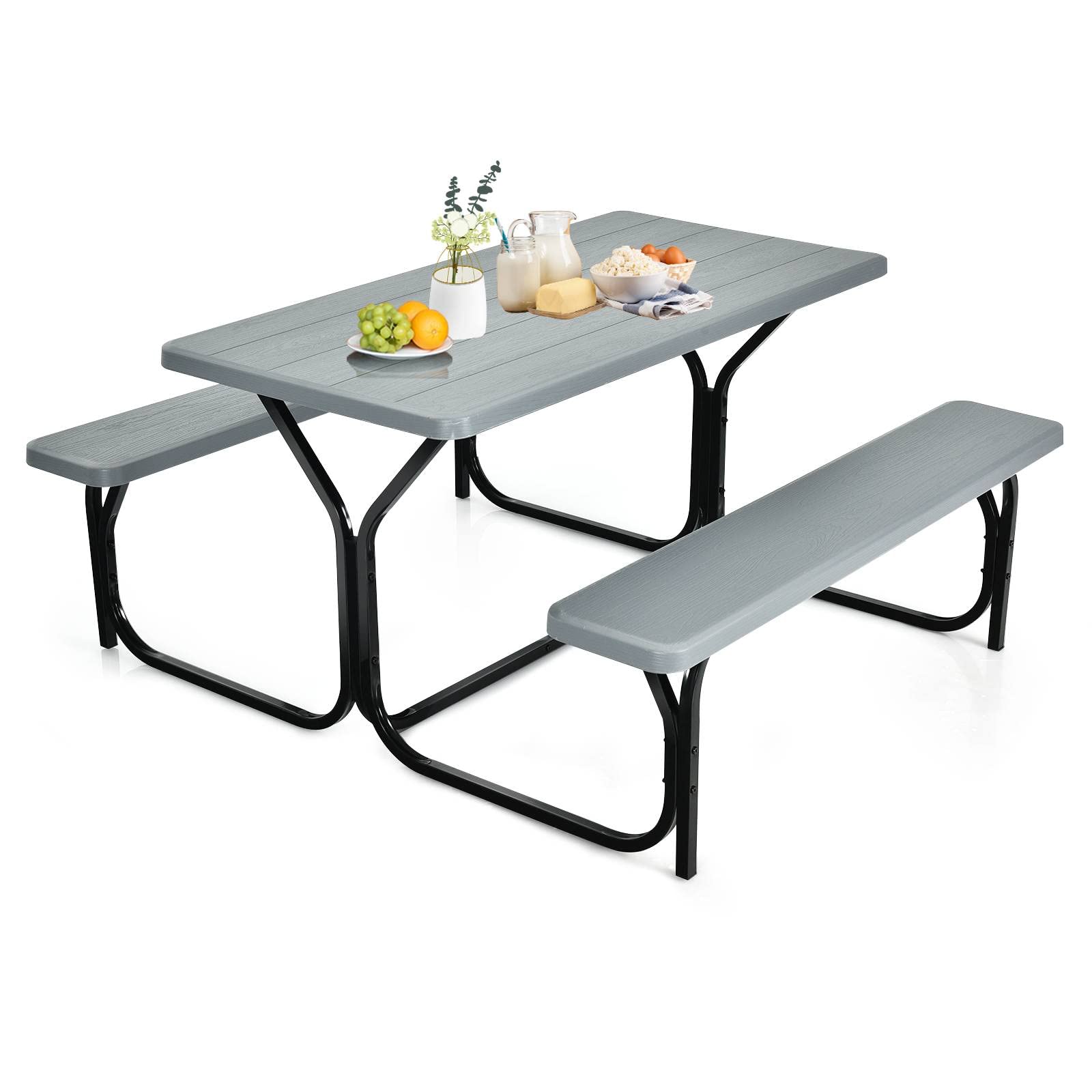 ORALNER Picnic Table, Resin Dining Table & 2 Benches Set, Weather Resistant Wood Grain Plastic Tabletop & Steel Frame, Picnic Ta