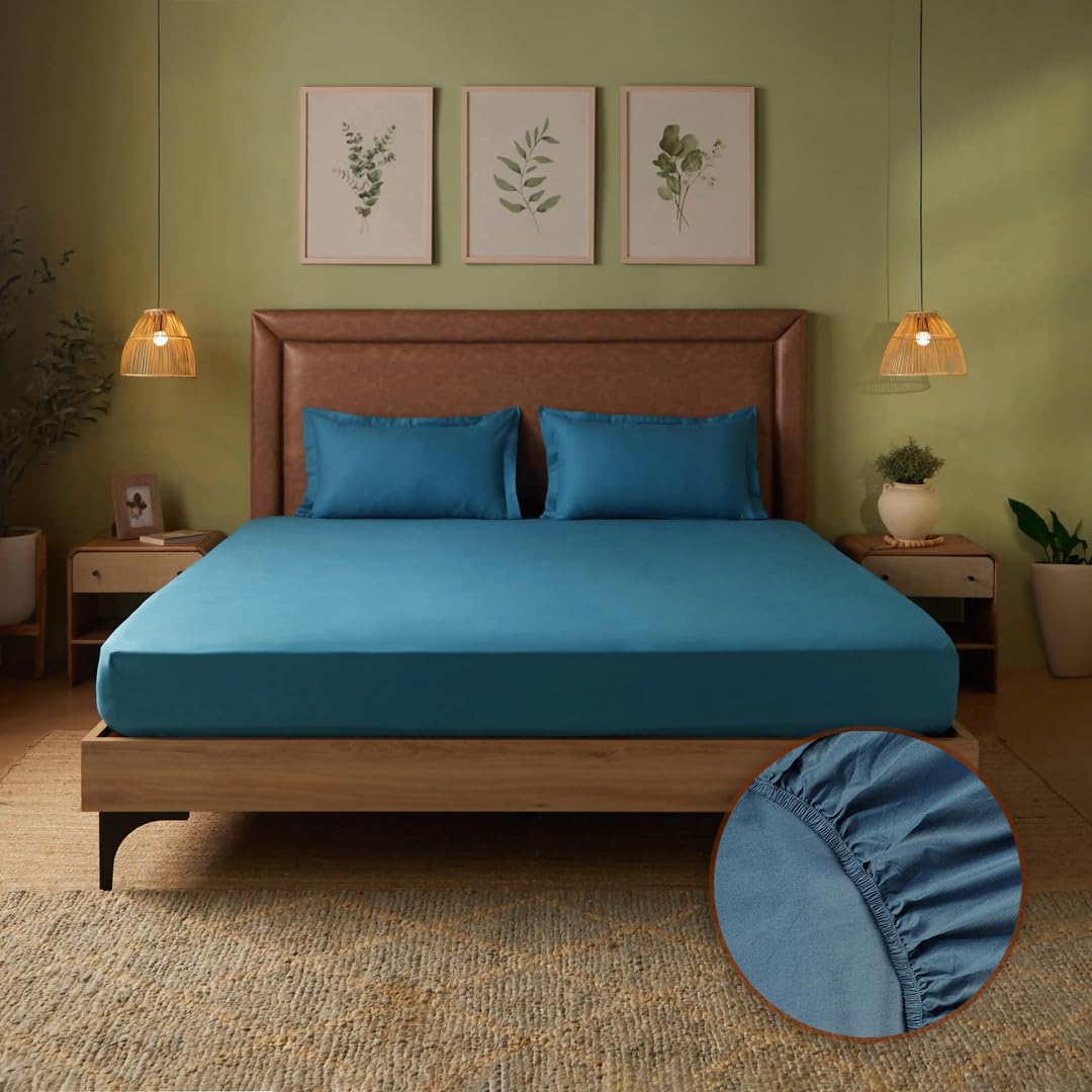 Livspace Bedsheet Queen Size Bed Cotton | 78 x 60 Inches | Elastic Fitted Bedsheet with 2 Pillow Covers, 144 TC, 100% Cotton, So