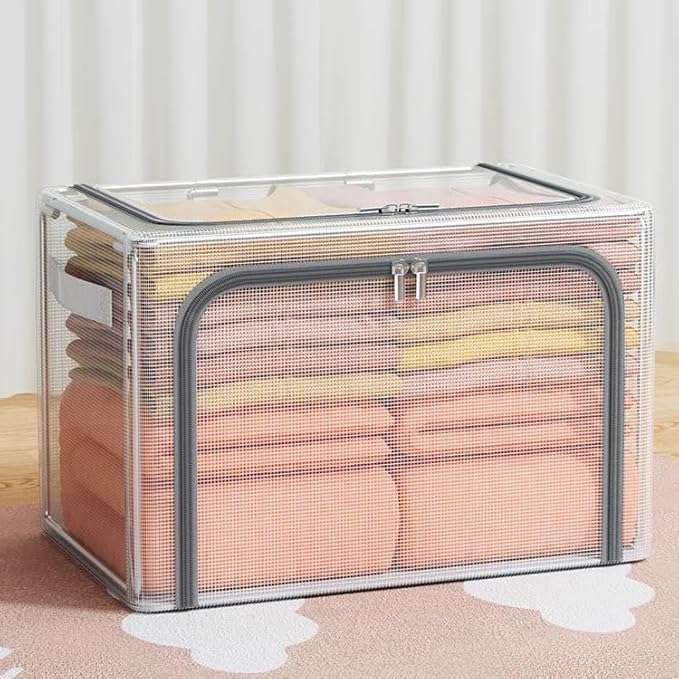 Gnanex Folding Storage Bin with Lid, Transparent, Steel Frame, 24 Litres, for Clothes, Quilts and Bedding