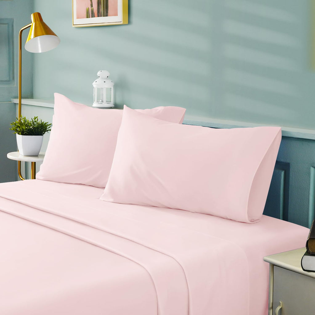 Bysure 4 Pieces Bed Sheets Set(Twin, Light Pink) - Super Soft 1800 Thread Count 100% Microfiber Sheets With Deep Pockets, Wrinkl