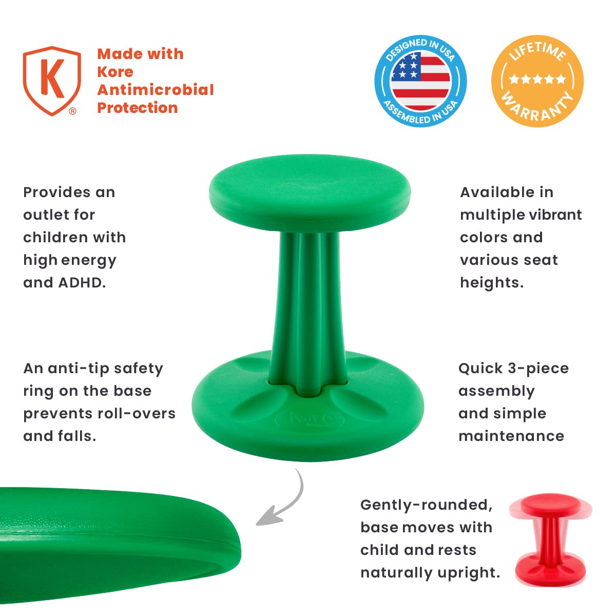 Kore Design Wobble Stool Chair, Girls + Boys Kid Desk Stools, Ergonomic Small Office Chairs, Flexible Seating For Active Child, Add/Adhd, Classroom, School, Home, Kids (14In), Age 6-7 Yrs, Green