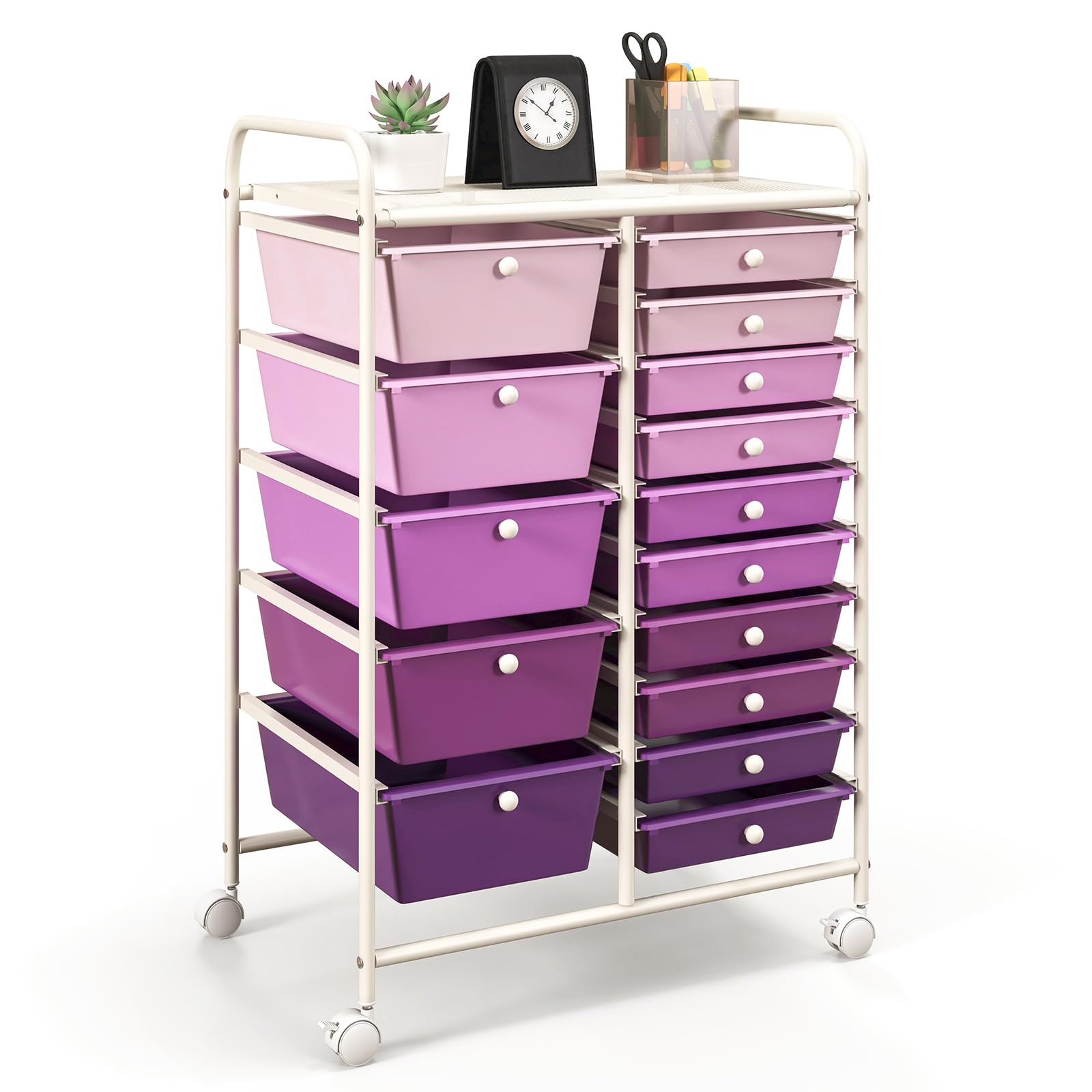 GOFLAME 15-Drawer Rolling Storage Cart, Multipurpose Movable Organizer Cart, Utility Cart for Home, Office, School, Purple Gradi
