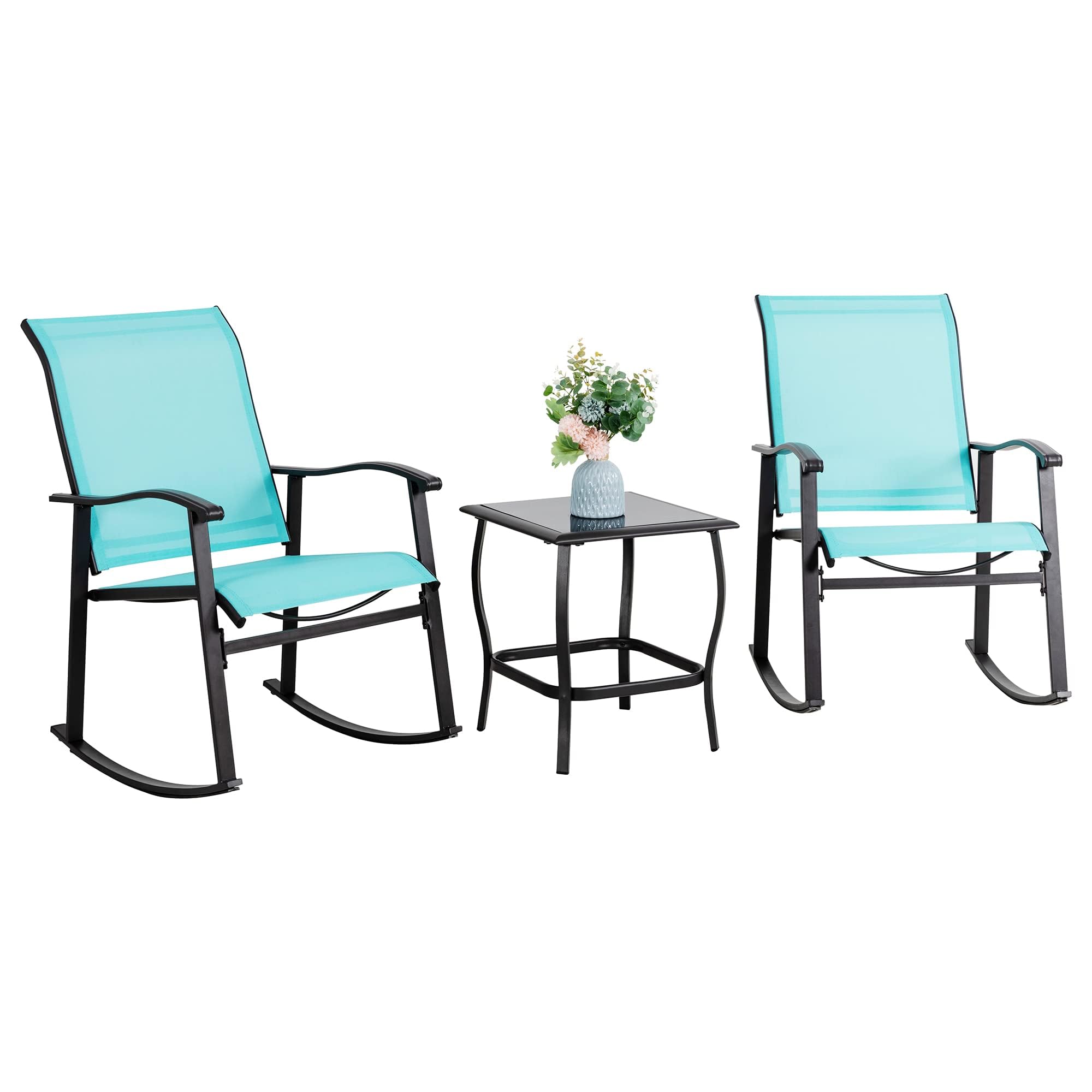 Vongrasig 3 Piece Outdoor Rocking Bistro Set, Textilene Fabric Small Patio Furniture Set, Front Porch Rocker Chairs Conversation Set With Glass Table For Lawn, Garden, Balcony, Poolside (Blue)