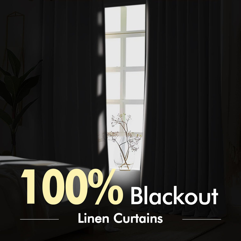 Miulee Tan Beige Pinch Pleated 100% Blackout Linen Curtains For Bedroom, Room Darkening Light Blocking Window Curtains 63 Inches