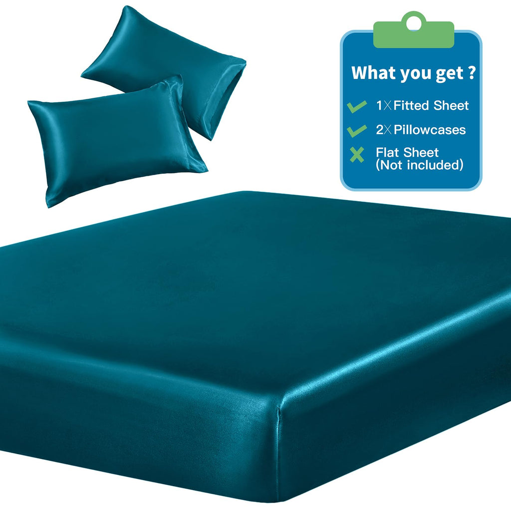 Siinvdabzx 3-Piece Set Satin Full Fitted Sheet & 2 Pillowcase, Dark Teal Silky Soft Fitted Bottom Sheet, Wrinkle Free, Fade Resi