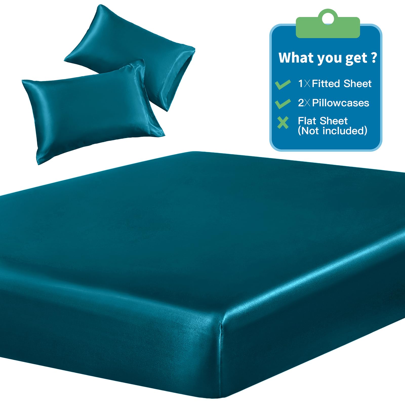 Siinvdabzx 3-Piece Set Satin Full Fitted Sheet & 2 Pillowcase, Dark Teal Silky Soft Fitted Bottom Sheet, Wrinkle Free, Fade Resi