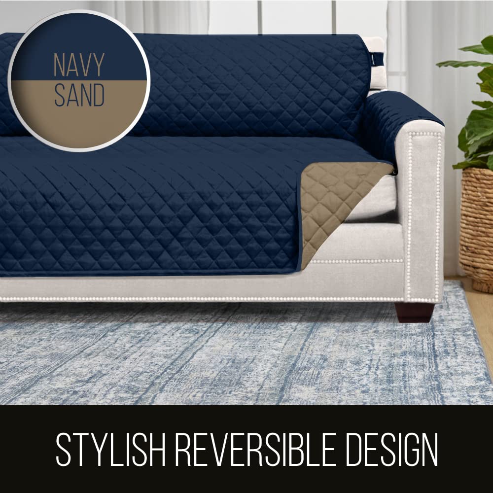 Sofa Shield Patented Sectional Slip Cover, Large Cushion Protector, Reversible Stain And Dog Tear Resistant Slipcover, Quilted Microfiber 30X30” Seat, Washable Covers For Dogs Pets Kids, Navy Sand
