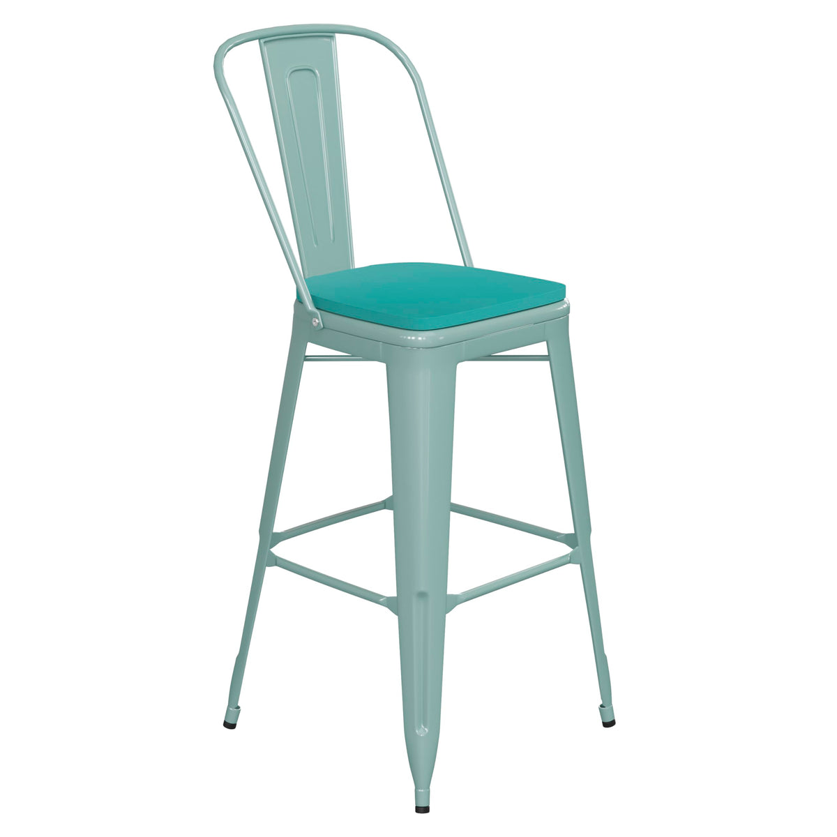 Flash Furniture Carly Commercial Grade 30 High Mint Green Metal Indoor-Outdoor Bar Height Stool with Back and Mint Green Polysty