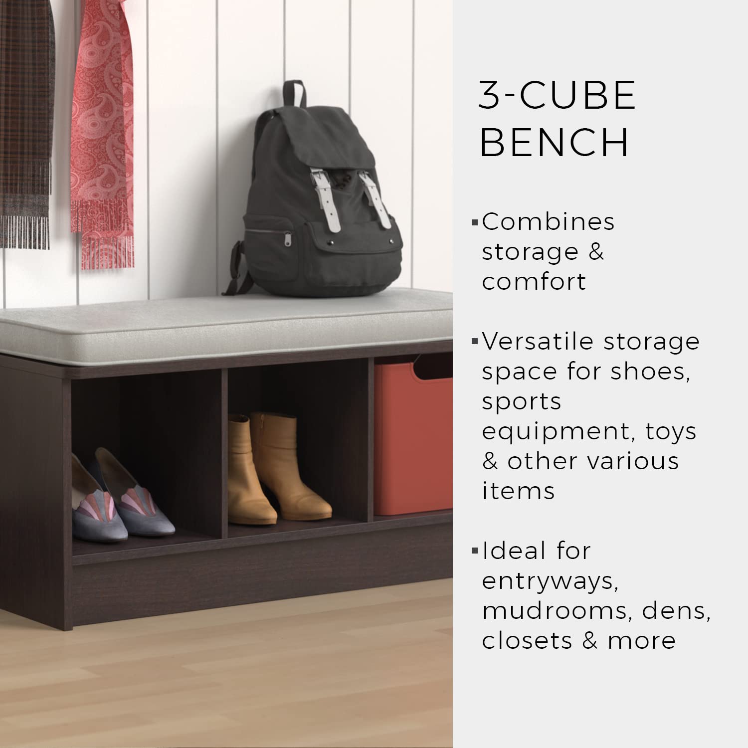Closetmaid 1632 Cubeicals 3-Cube Storage Bench, Espresso With Gray Cushion