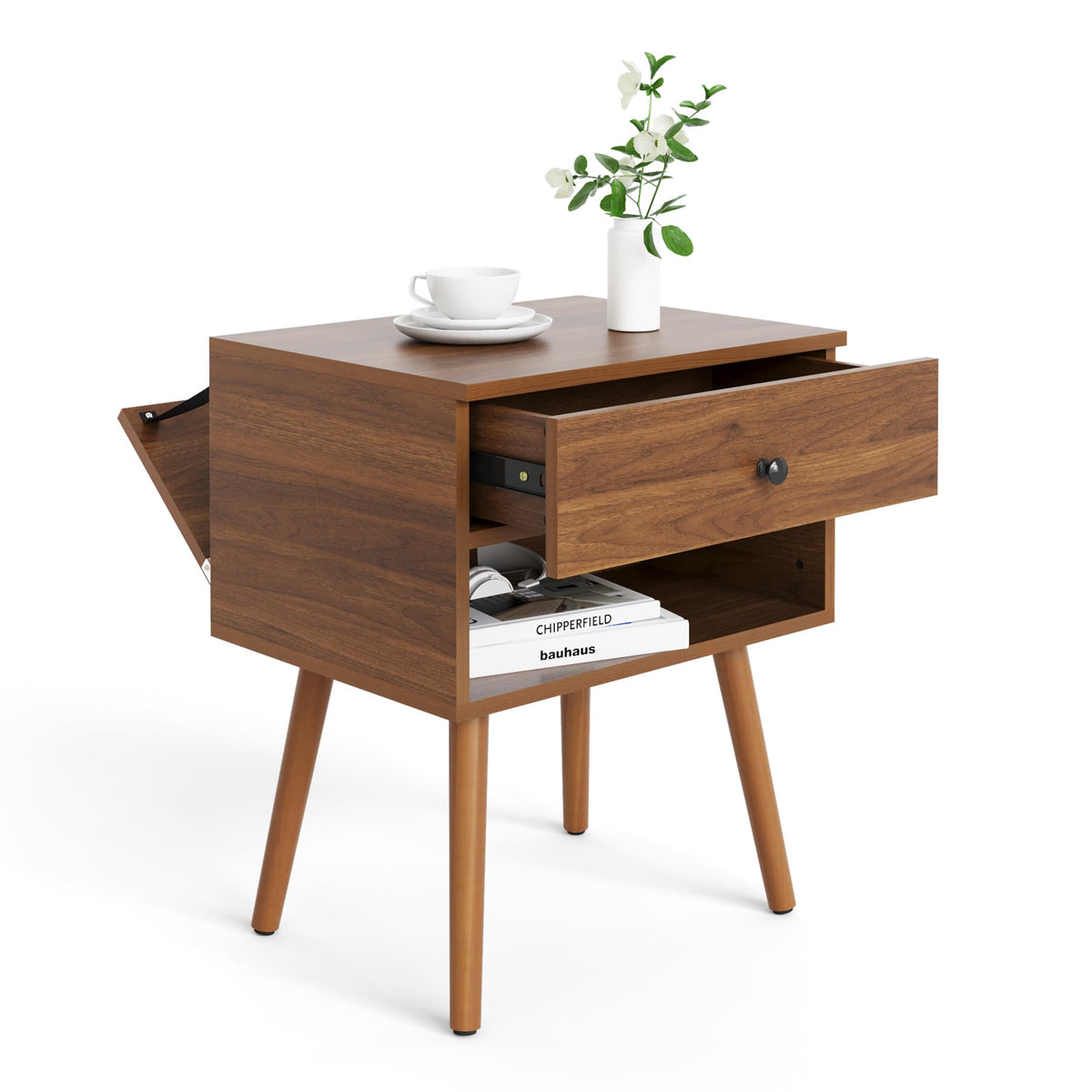 Mazefur Hidden Compartment Nightstands, Mid Century Modern Concealment Furniture, Bedside Table with Wood Legs, End Table with S