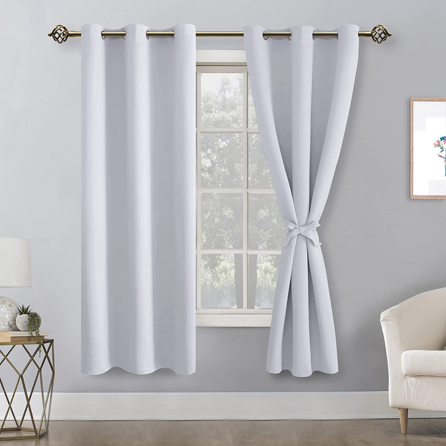 Hiasan Room Darkening Curtains For Bedroom, Noise Reducing, Energy Saving Blackout Window Curtain Panels, Sewn With Tiebacks, Set Of 2, Grommet Top (Greyish White, Width 38 Inch X Length 72 Inch)