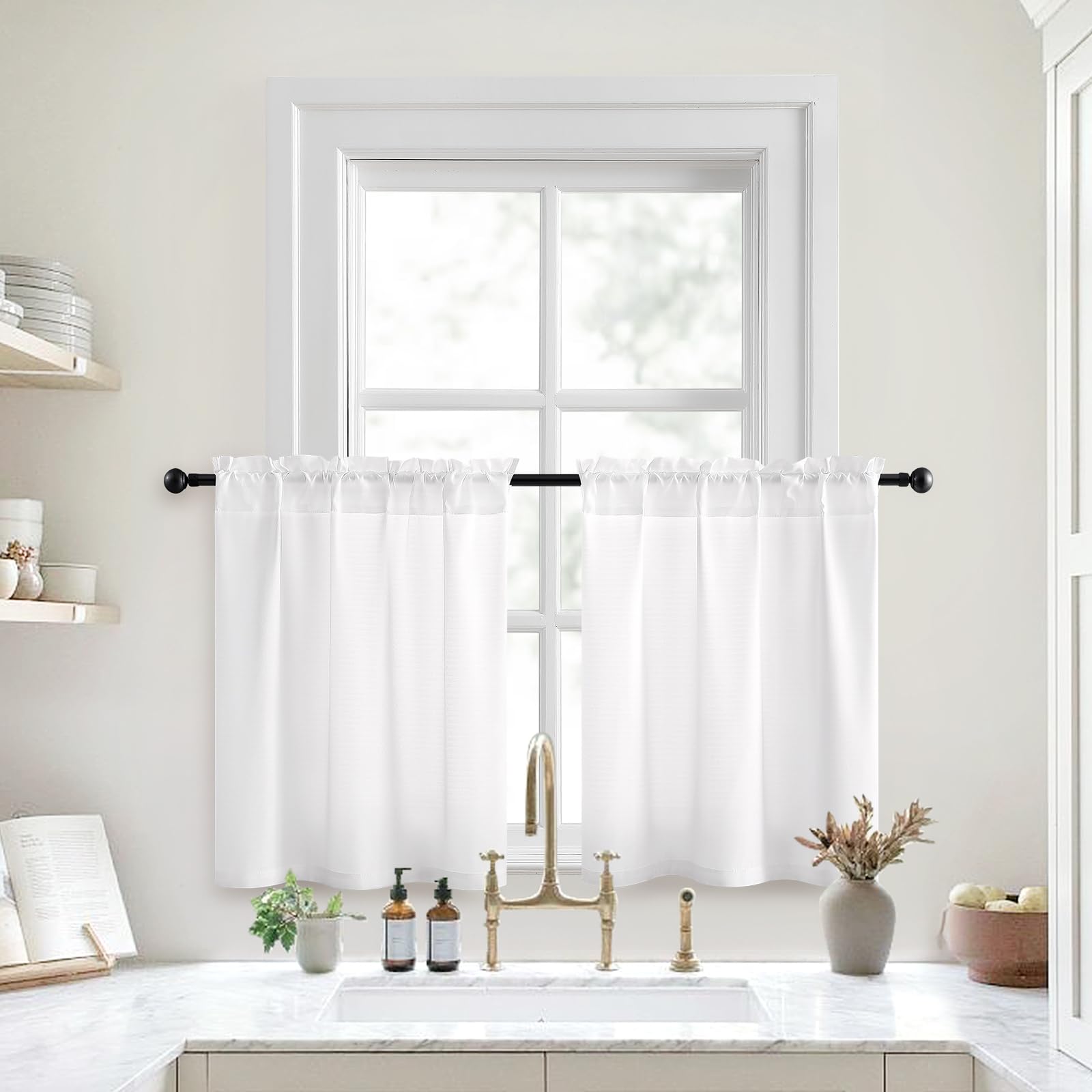 HOMEIDEAS White Kitchen Curtains 30 X 36 Inches 2 Panels Set Non-See-Through Privacy Semi Sheer Short Window Curtains Fish Bone 