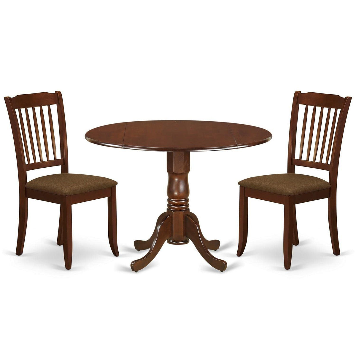 East West Furniture Dlda3-Mah-C 3 Piece Modern Dining Table Set Contains A Round Wooden Table With Dropleaf And 2 Linen Fabric Dining Room Chairs, 42X42 Inch, Mahogany