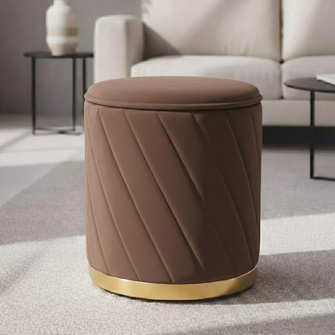Brahmcraft Foam Pouf Ottoman For Living Room | Round Cushioned Stool With Mango Wood Frame & Velvet Upholstery | Footrest Seatin