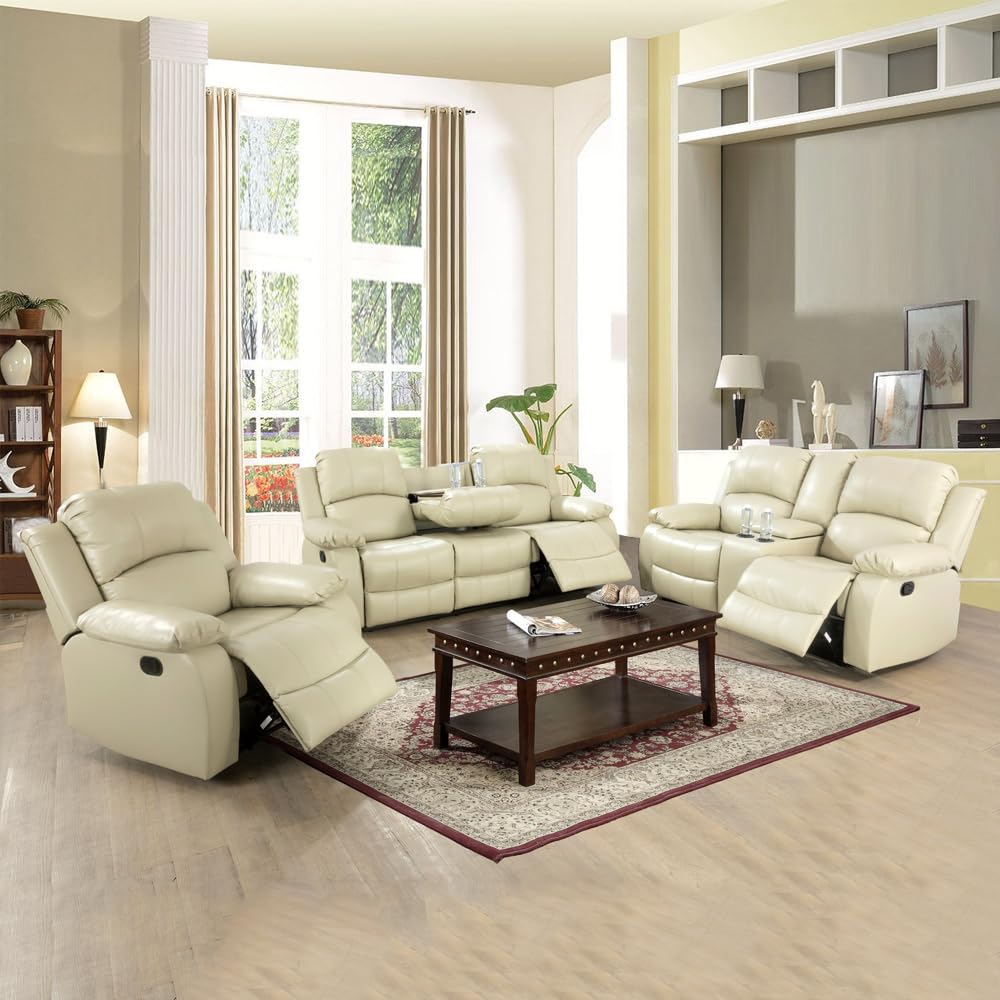A Ainehome Recliner Sofa Set Living Room Manual Reclining Sofa Bonded Leather Loveseat Chair With Storage Console&Cup Holder Sec