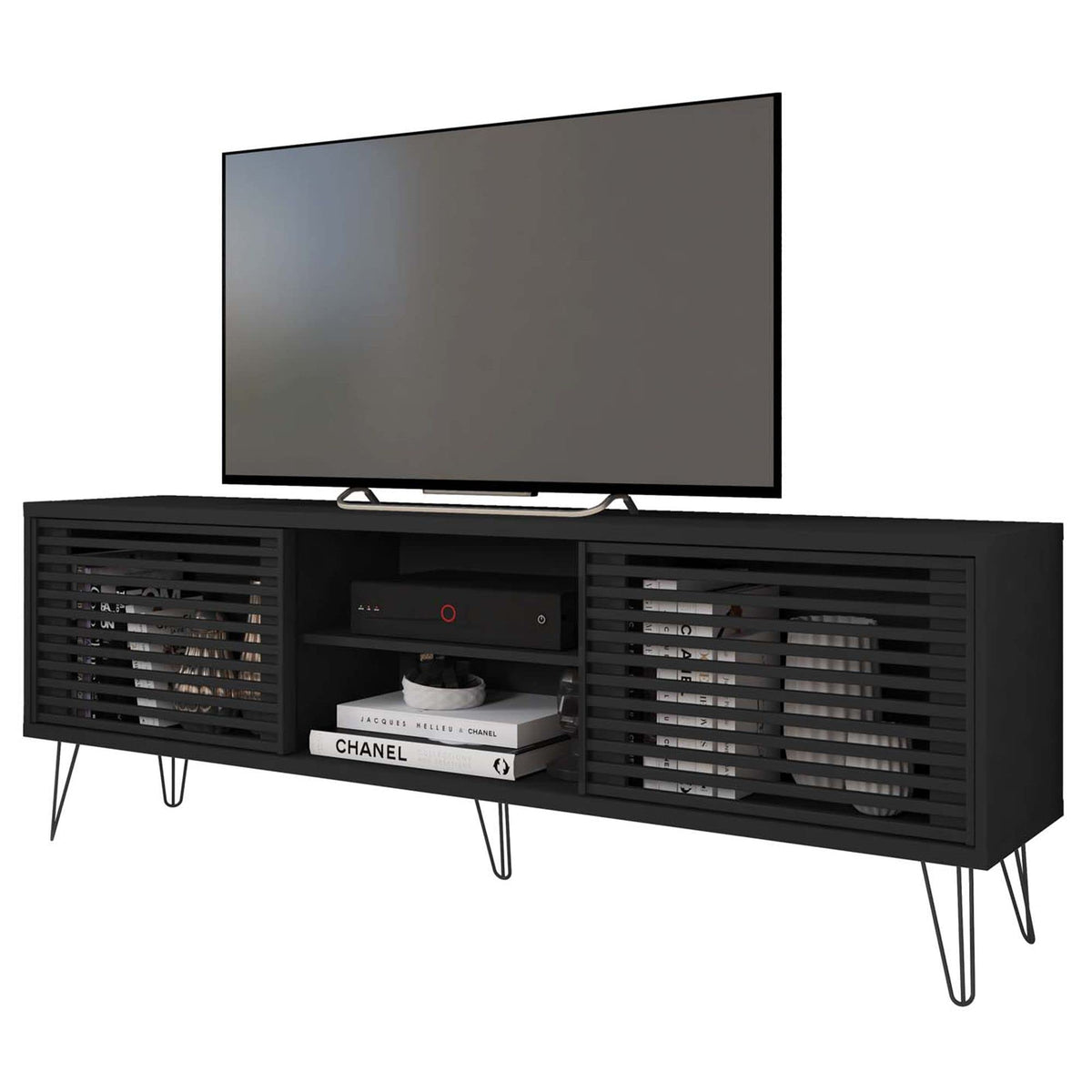 Woodpeckers Furniture And Mattress Frizz Mid-Century Modern TV Stand for 70 Inch TV (Black)