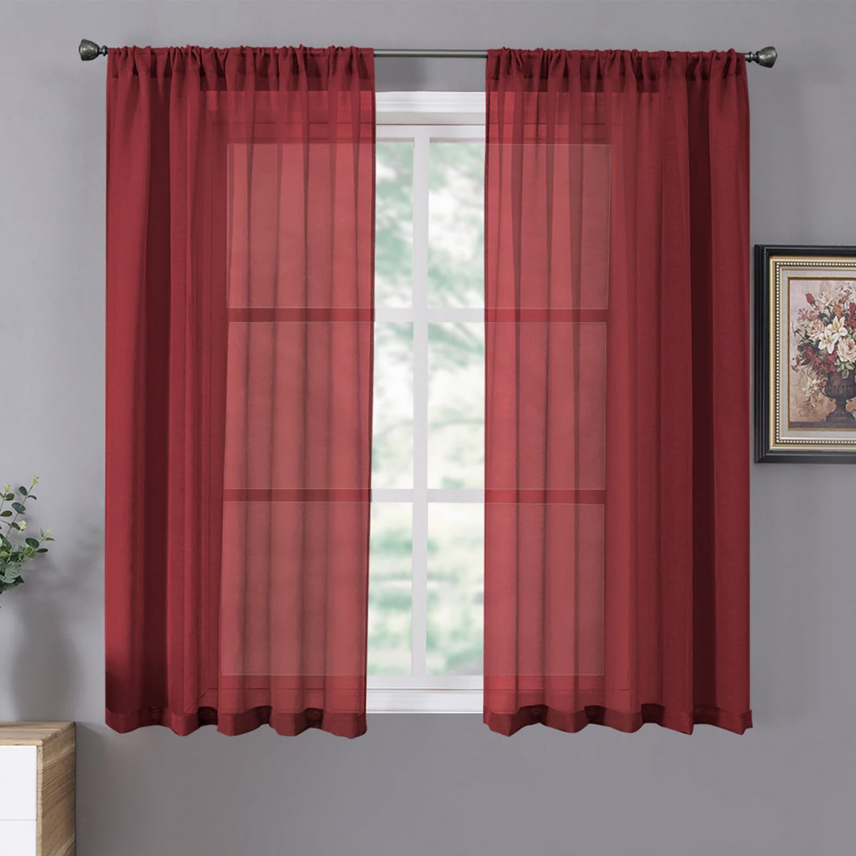 Tollpiz Short Sheer Curtains Linen Textured Bedroom Curtain Sheers Light Filtering Rod Pocket Voile Curtains for Living Room, 54 x 45 inches Long, Burgundy Red, Set of 2 Panels