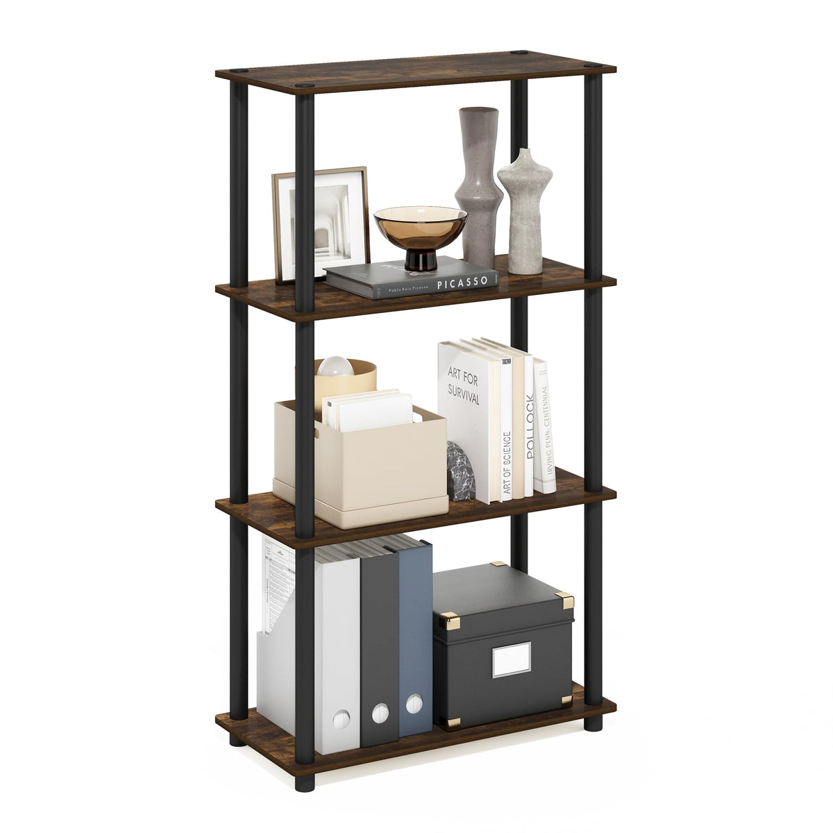 Furinno Turn-N-Tube 4-Tier Multipurpose Shelf Display Rack, Amber Pine/Black
