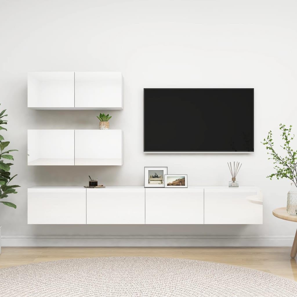 vidaXL TV Cabinet Set 4 Piece Living Room Bedroom Furniture HiFi Stereo Cabinet TV Stand Media Entertainment Center Engineered Wood High Gloss White
