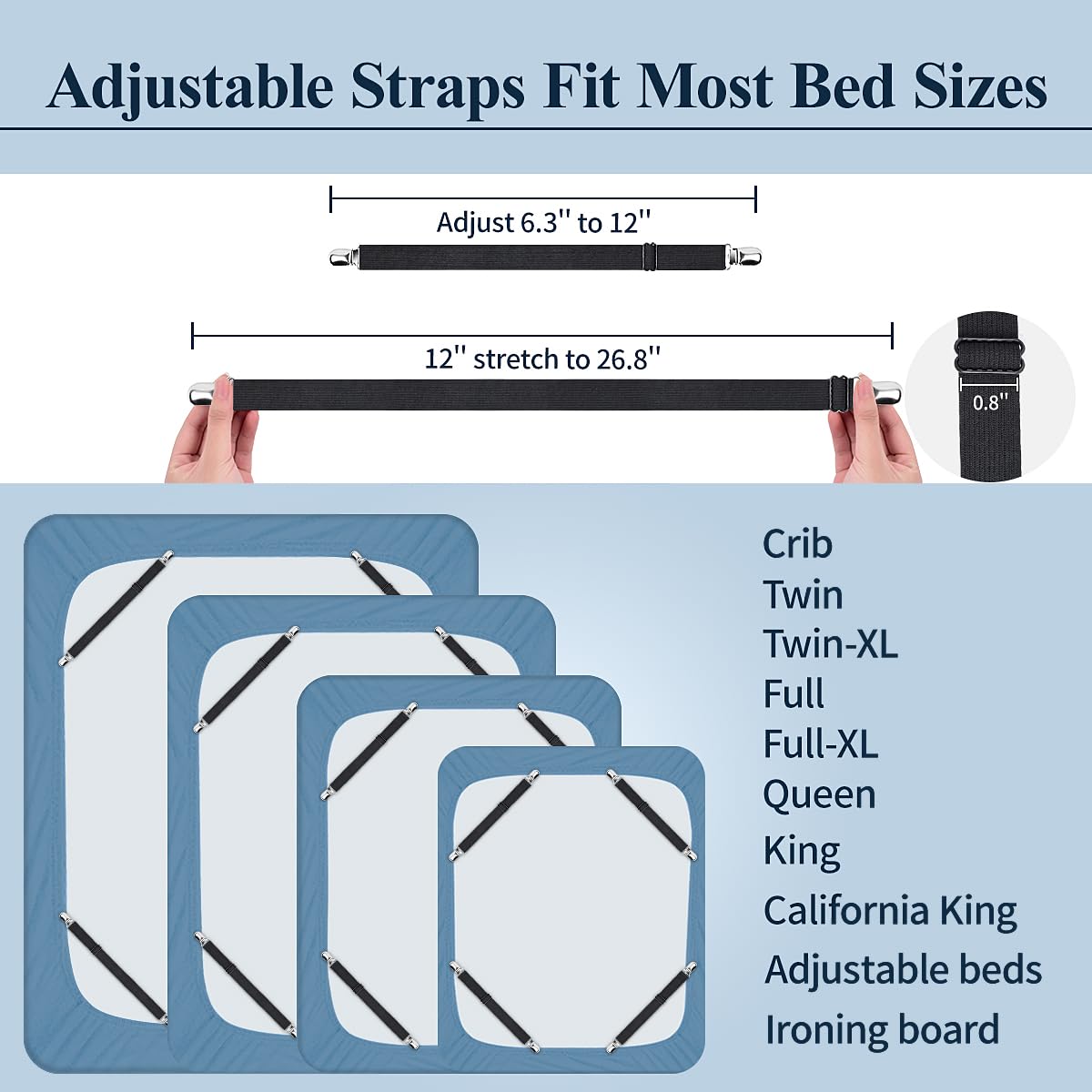 Bed Sheet Fasteners, 8 Pcs Adjustable Max Stretches To 26.8 In Holder Straps Non Slip Straps With Clips To Keep Sheets Firm & Tight, Universal & Black