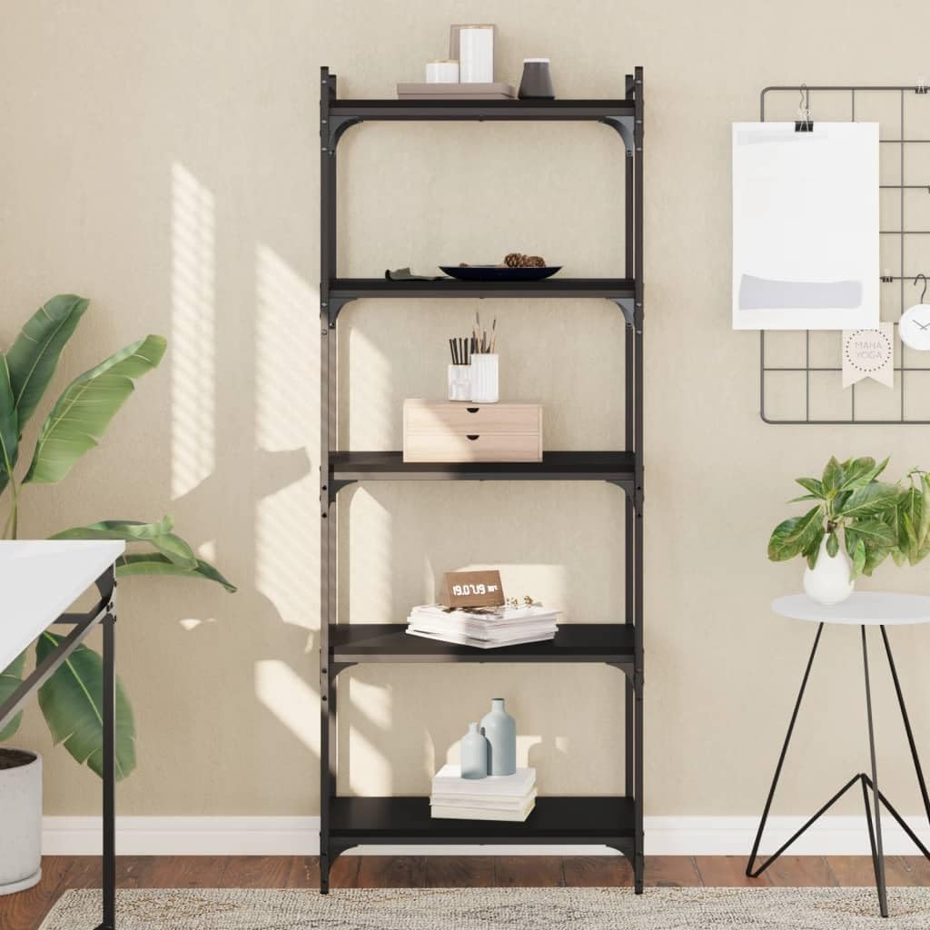 vidaXL 5-Tier Black Engineered Wood Bookshelf with Metal Frame - Storage Display Cabinet for Office, Bedroom, Living Room