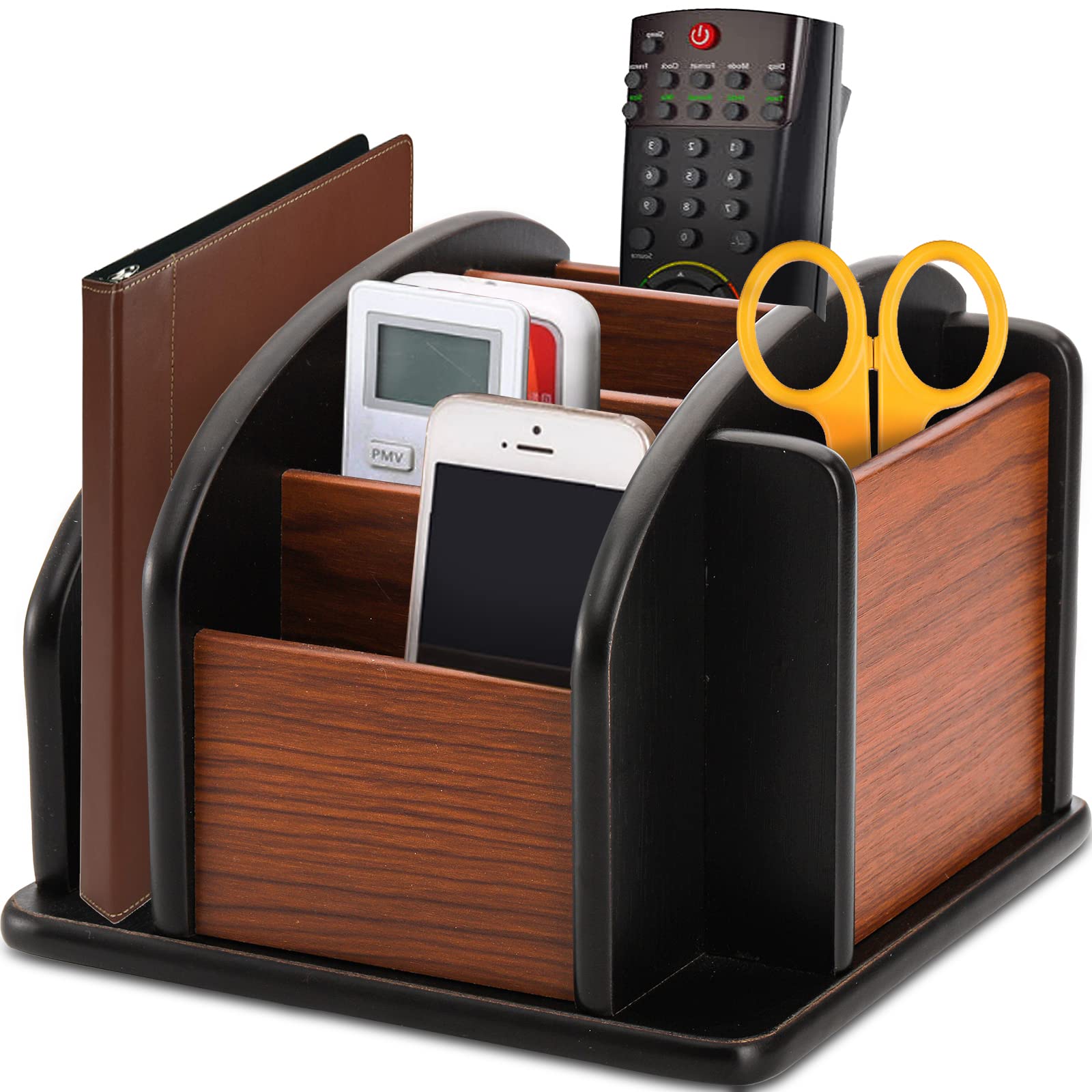 DEAYOU Dark Brown Wood Rotating Remote Caddy - 6-Compartment Spinning Organizer for Desk, Office, Living Room Storage