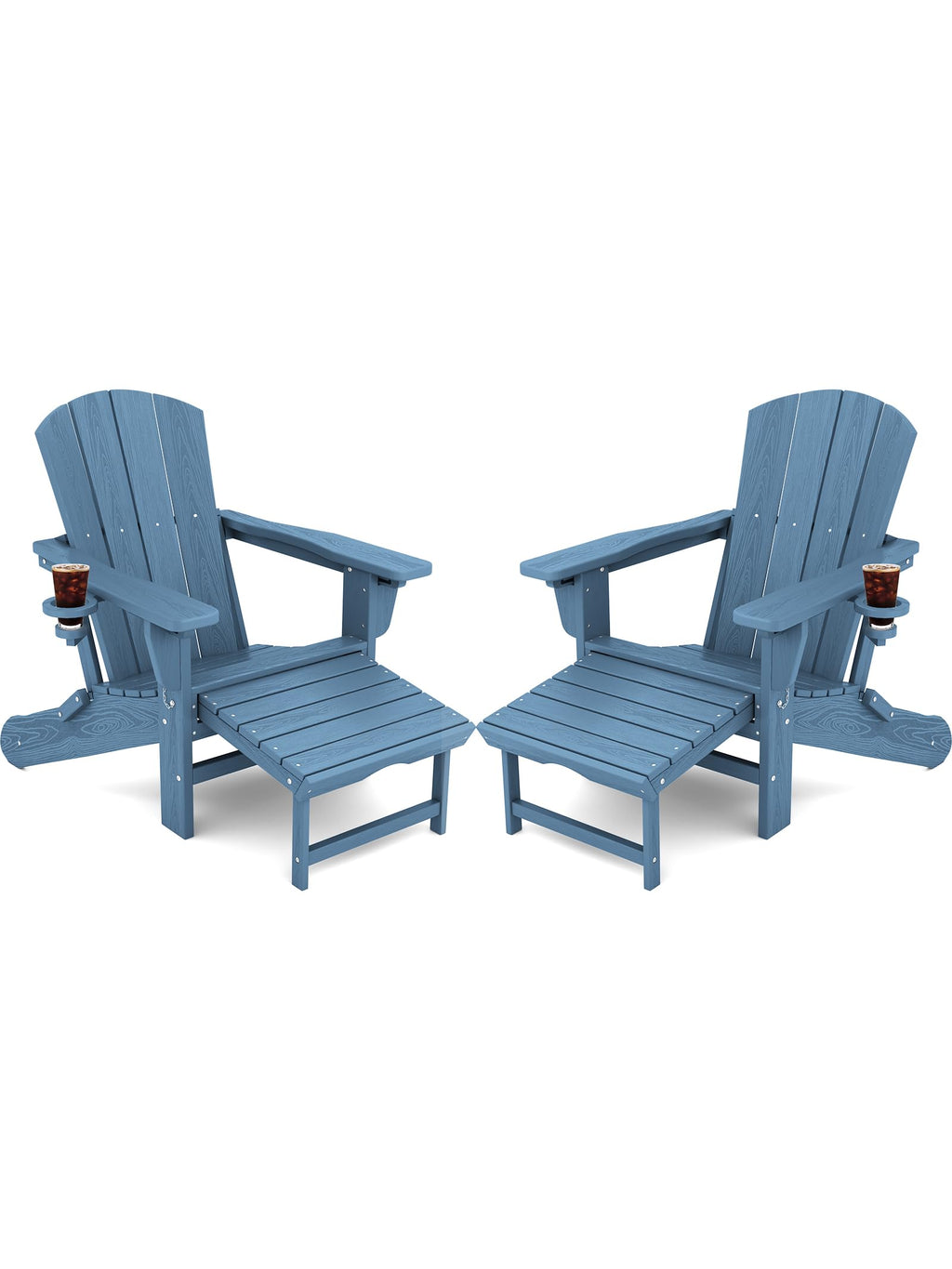 Kingyes Folding Adjustable Adirondack Chair With Retractable Ottoman Set Of 2, Hdpe Weather Resistance Outdoor Patio Chair With Cup Holders, Wood-Like Reclining Versatile Adirondack Chair, Blue