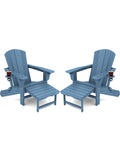 Kingyes Folding Adjustable Adirondack Chair With Retractable Ottoman Set Of 2, Hdpe Weather Resistance Outdoor Patio Chair With Cup Holders, Wood-Like Reclining Versatile Adirondack Chair, Blue