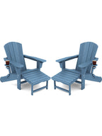 Kingyes Folding Adjustable Adirondack Chair With Retractable Ottoman Set Of 2, Hdpe Weather Resistance Outdoor Patio Chair With Cup Holders, Wood-Like Reclining Versatile Adirondack Chair, Blue