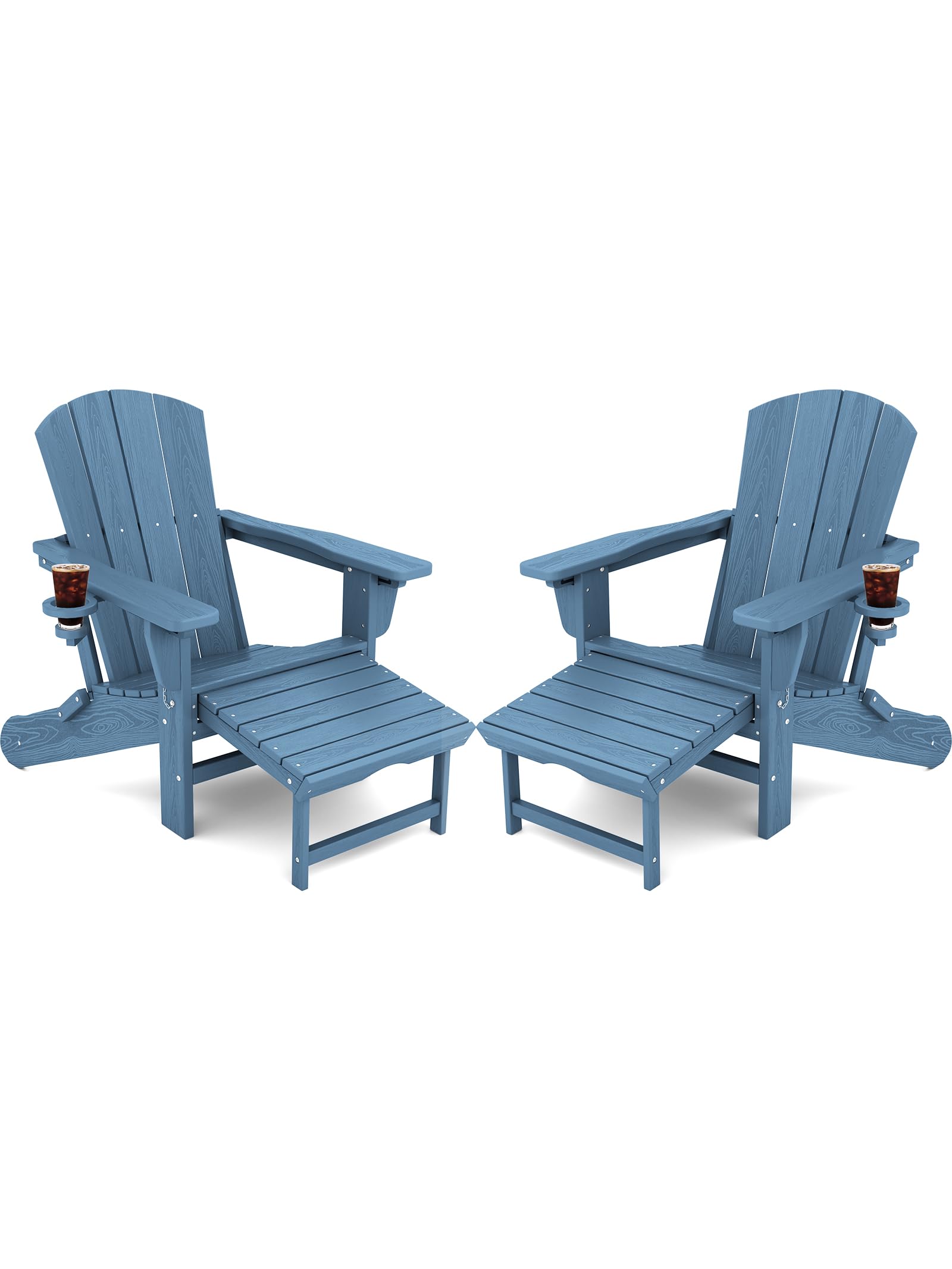 Kingyes Folding Adjustable Adirondack Chair With Retractable Ottoman Set Of 2, Hdpe Weather Resistance Outdoor Patio Chair With Cup Holders, Wood-Like Reclining Versatile Adirondack Chair, Blue