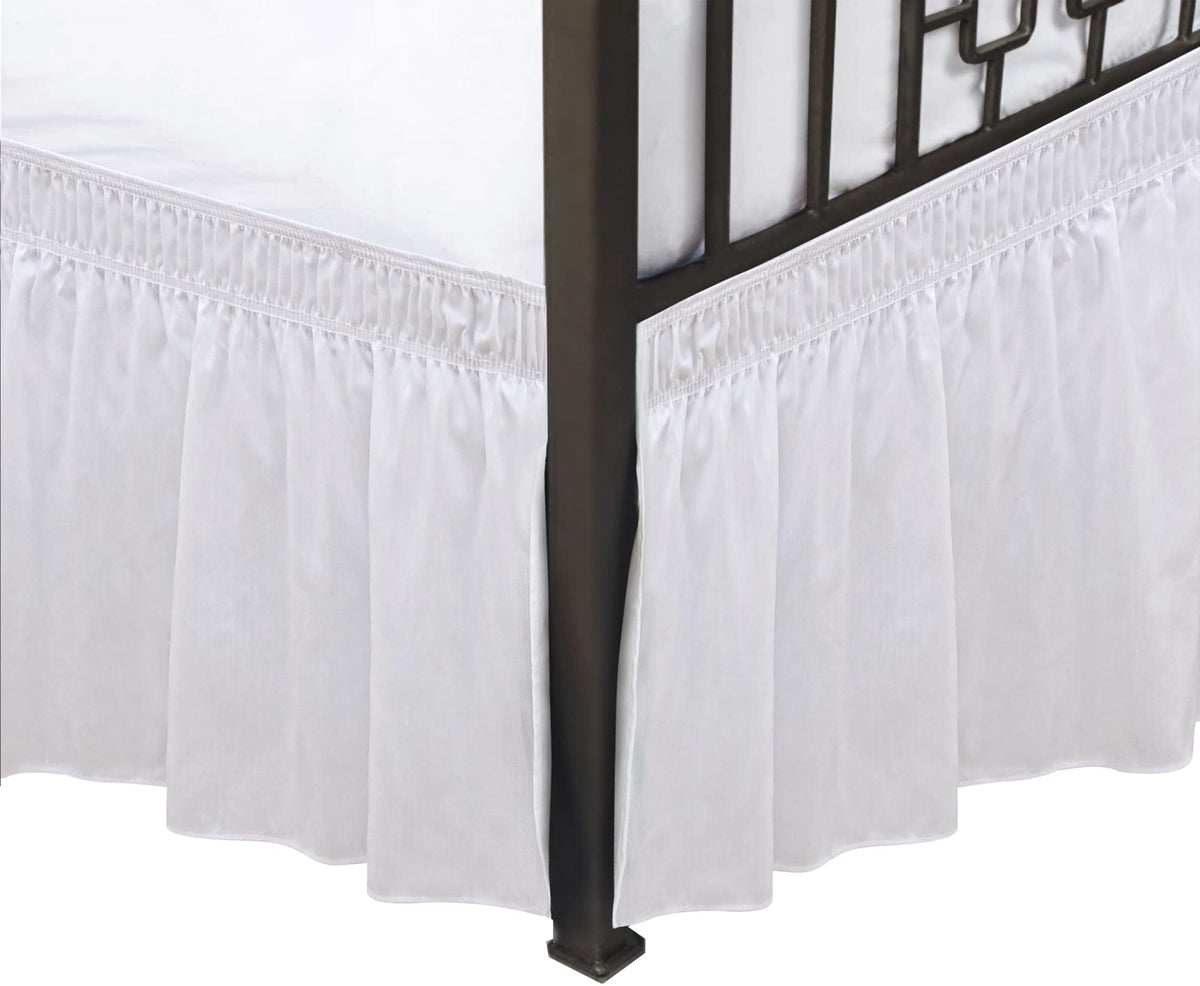 Biscaynebay Wrap Around Bed Skirts With Split Corners For Queen Beds 16' Drop, White Elastic Dust Ruffles Easy Fit Wrinkle & Fade Resistant Silky Luxurious Fabric Solid Machine Washable