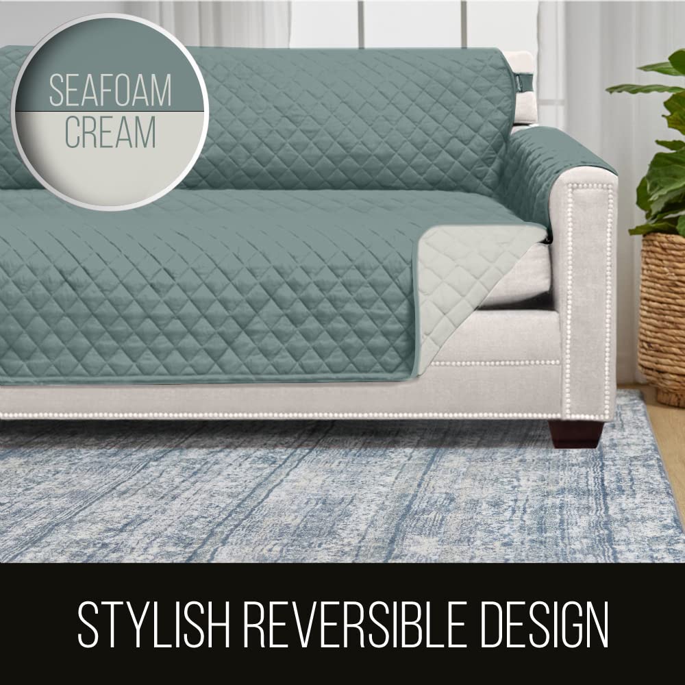 Sofa Shield Patented Chair Slipcover, Reversible Tear Resistant Soft Quilted Microfiber, 48” Seat Width, Durable Furniture Stain Protector With Straps, Washable Cover For Dogs, Kids, Seafoam Cream