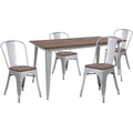 Flash Furniture 30.25 x 60 Metal Table Set with Wood Top and 4 Stack Chairs, Silver