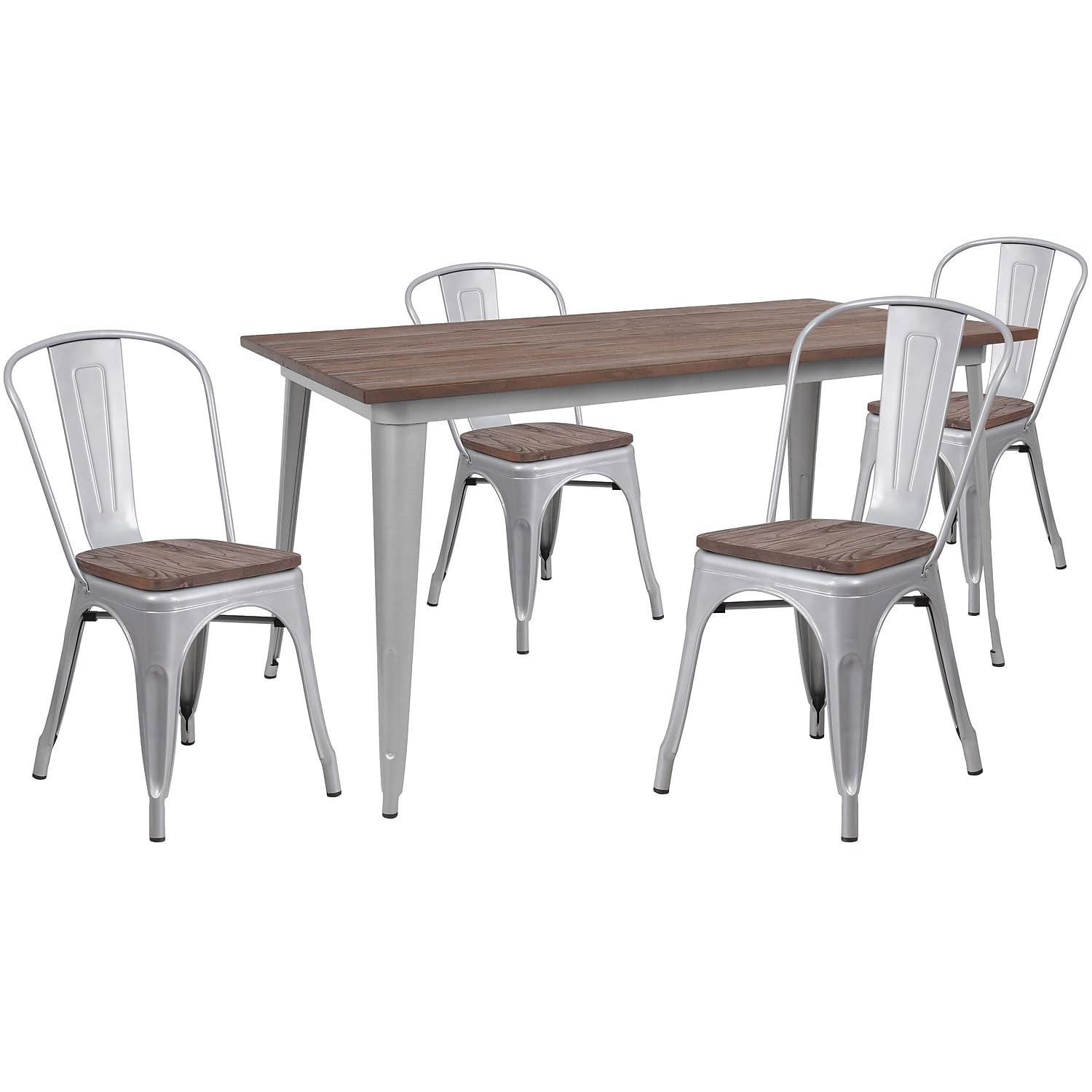 Flash Furniture 30.25 x 60 Metal Table Set with Wood Top and 4 Stack Chairs, Silver