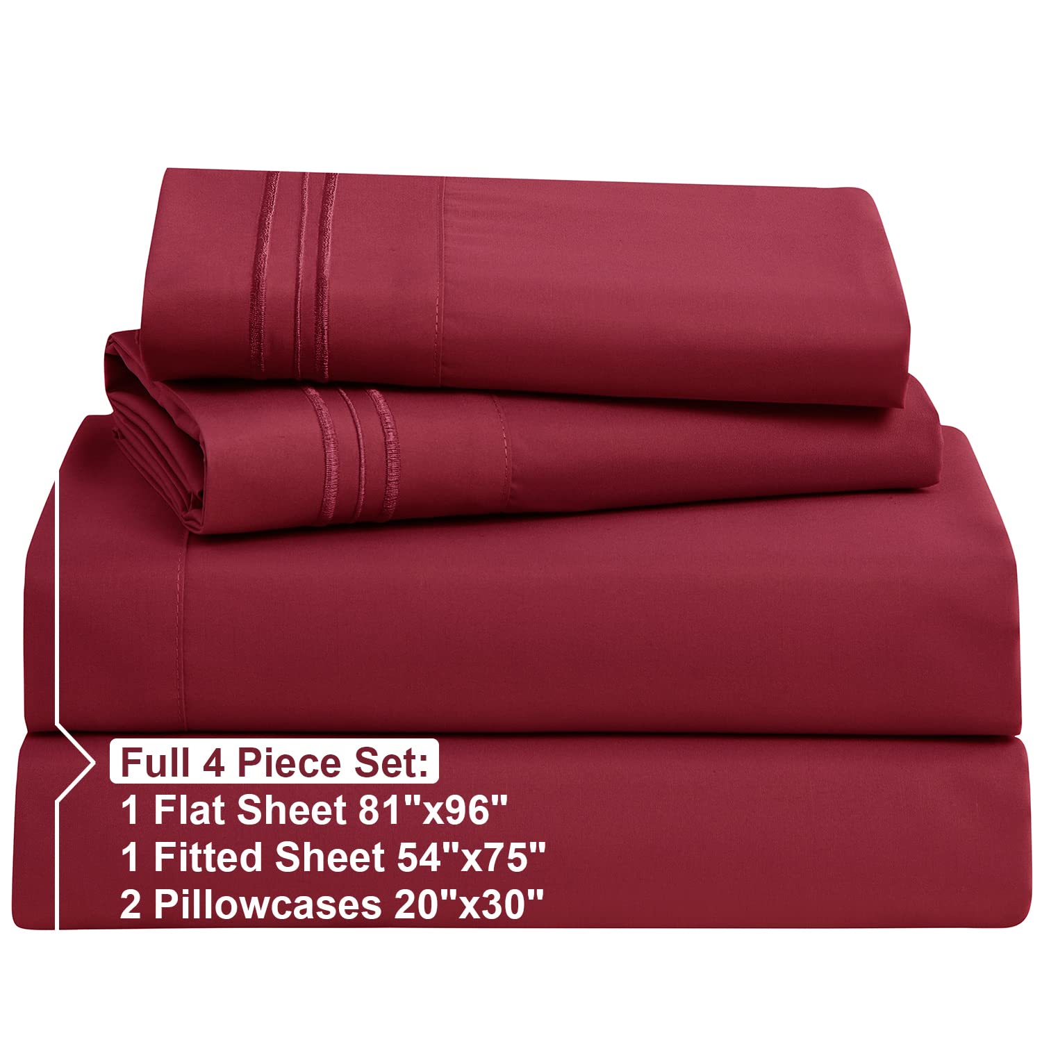 Nestl Full Size Sheet Sets - 4 Piece Full Size Sheets, Deep Pocket, Hotel Luxury, Extra Soft, Breathable And Cooling, Burgundy Red Bed Sheets For Full Size Mattress