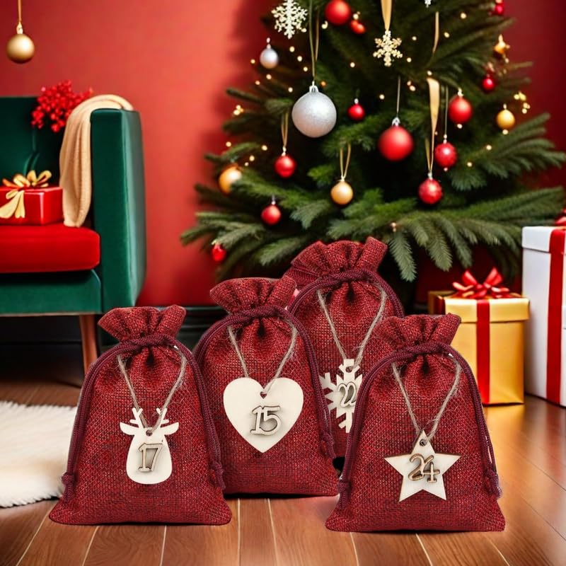 Naler Christmas Advent Calendar 2024, 24 Pieces Christmas Drawstring Gift Bags Burlap Hanging Countdown Calendar Bags With Woode