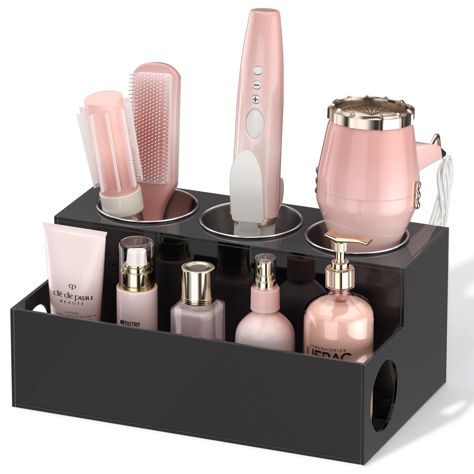 NIUBEE Hair Tool Organizer, Black Acrylic Hair Dryer and Styling Holder, Bathroom Countertop Blow Dryer Holder, Vanity Caddy Sto