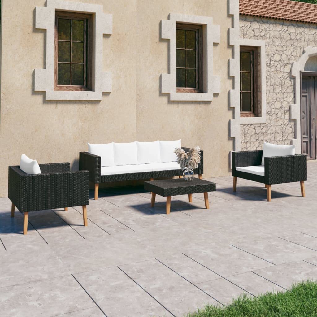 vidaXL Patio Furniture Set 4 Piece, Sectional Sofa for Outdoor Garden, Couch with Cushions, Coffee Table, Scandinavian Style, Poly Rattan Black