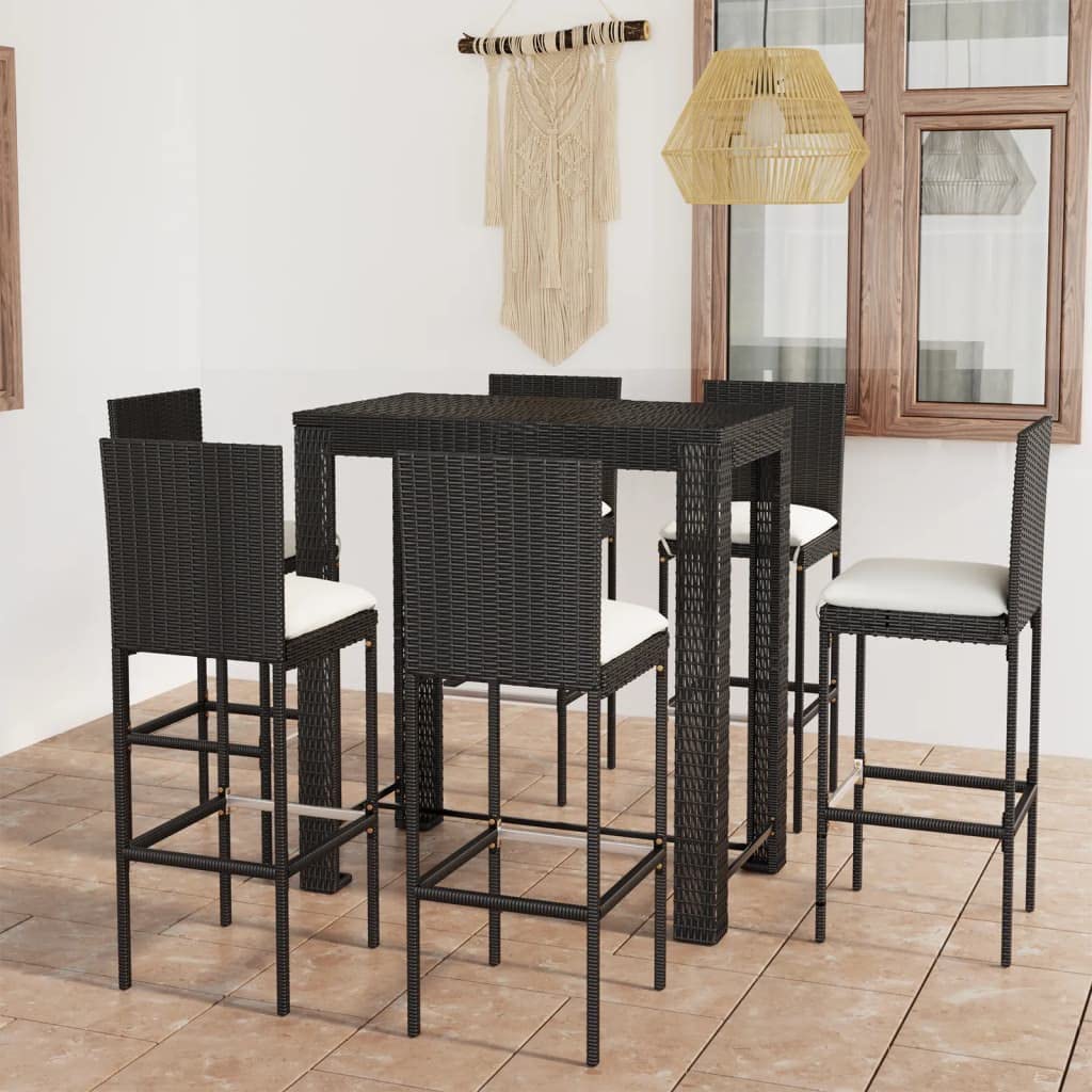 vidaXL Patio Bar Set with Cushions 7 Piece Garden Outdoor Bar Sets Dinner Bistro Dining Table Chair Stool Pub Furniture Seating Poly Rattan Black