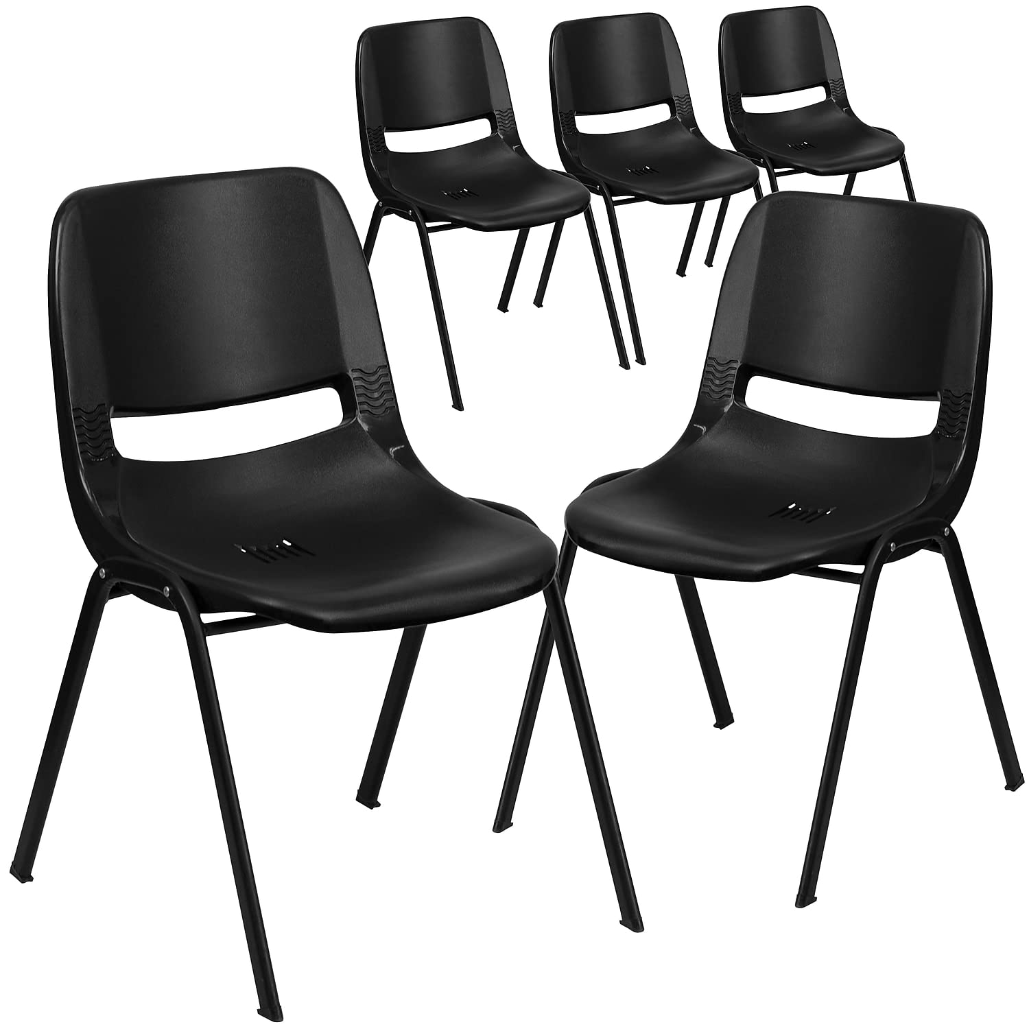 5 Pk. 661 lb. Capacity Black Ergonomic Shell Stack Chair with Black Frame