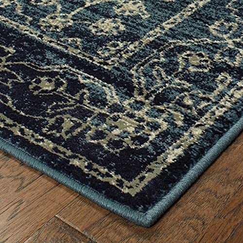 HomeRoots Polypropylene 7' x 10' Navy Beige Machine Woven Oriental Indoor Area Rug