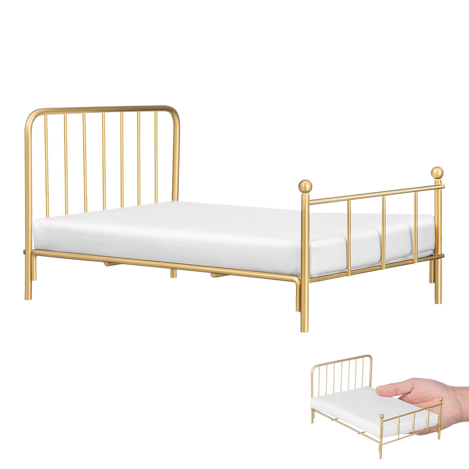 Toyvian Dollhouse Metal Bed, 1:12 Scale Bedroom Bed with Mattress Dollhouse Furniture Accessories Mini Bedroom Decor, Glod Frame