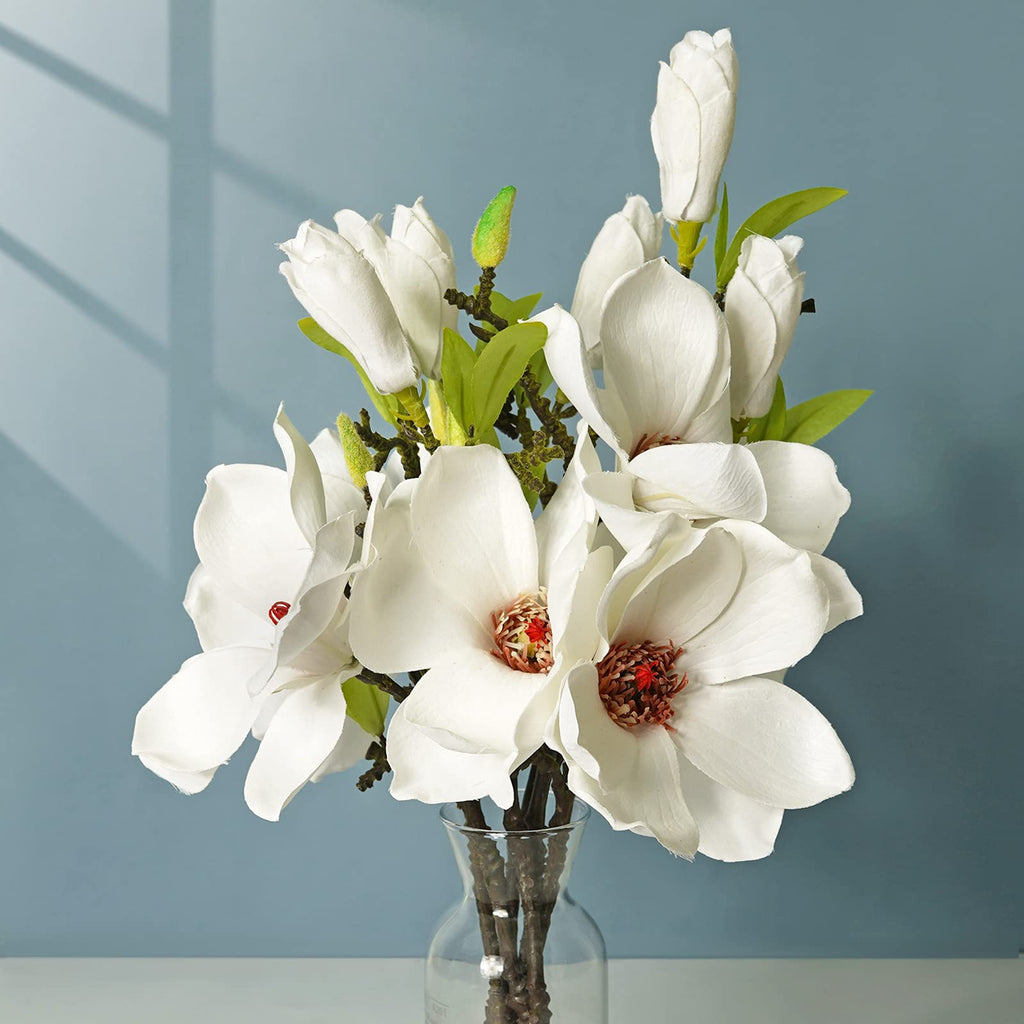 LIUCOGXI 6 Pcs White Silk Artificial Magnolia Flowers Decoration Bouquet with Long Stem for Home Table Centerpiece Office Vase